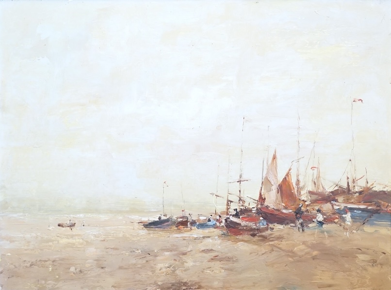 Mid century, oil on board, Coastal view with beached fishing boats and figures, unsigned, 29 x 39cm